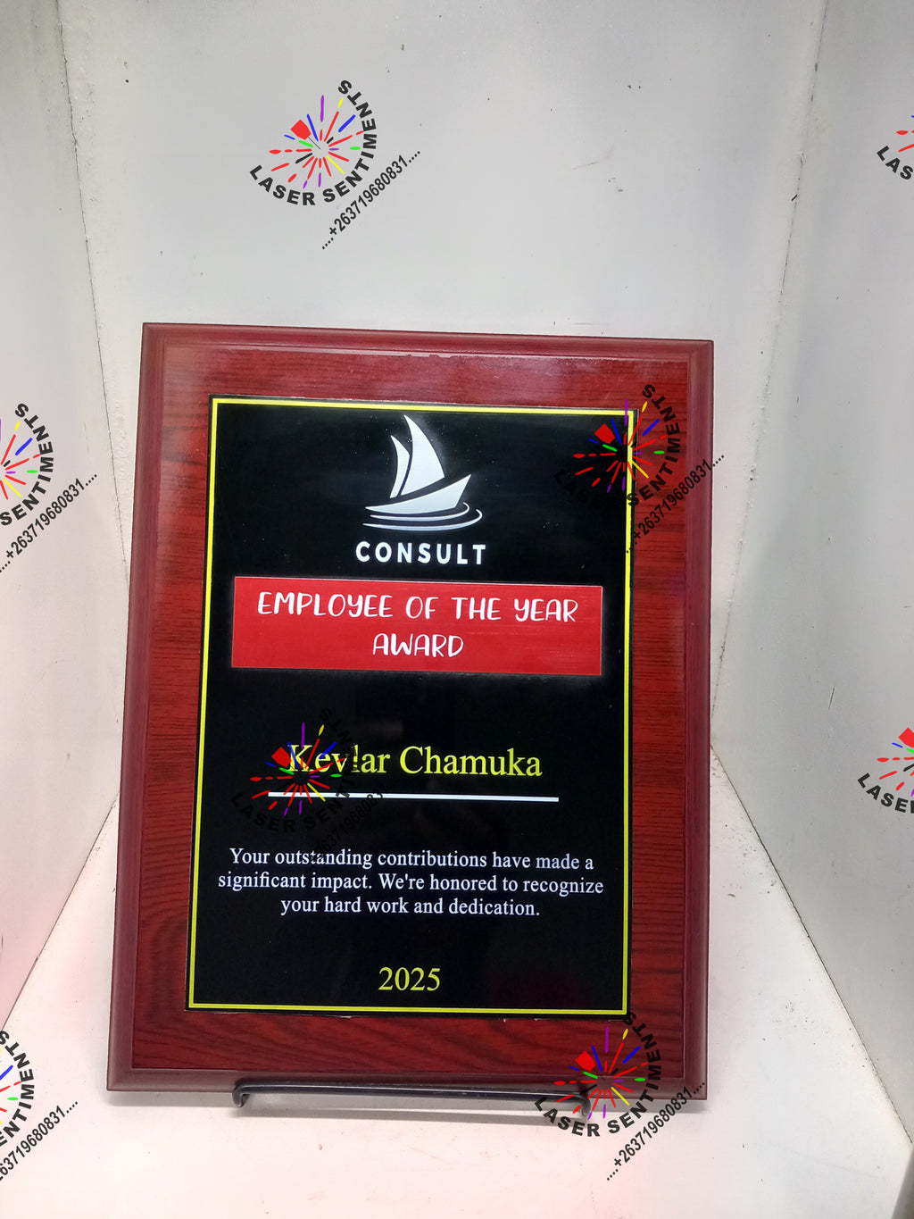 CWP2 MAHOGANY SHIELD WOOD METAL PLAQUE