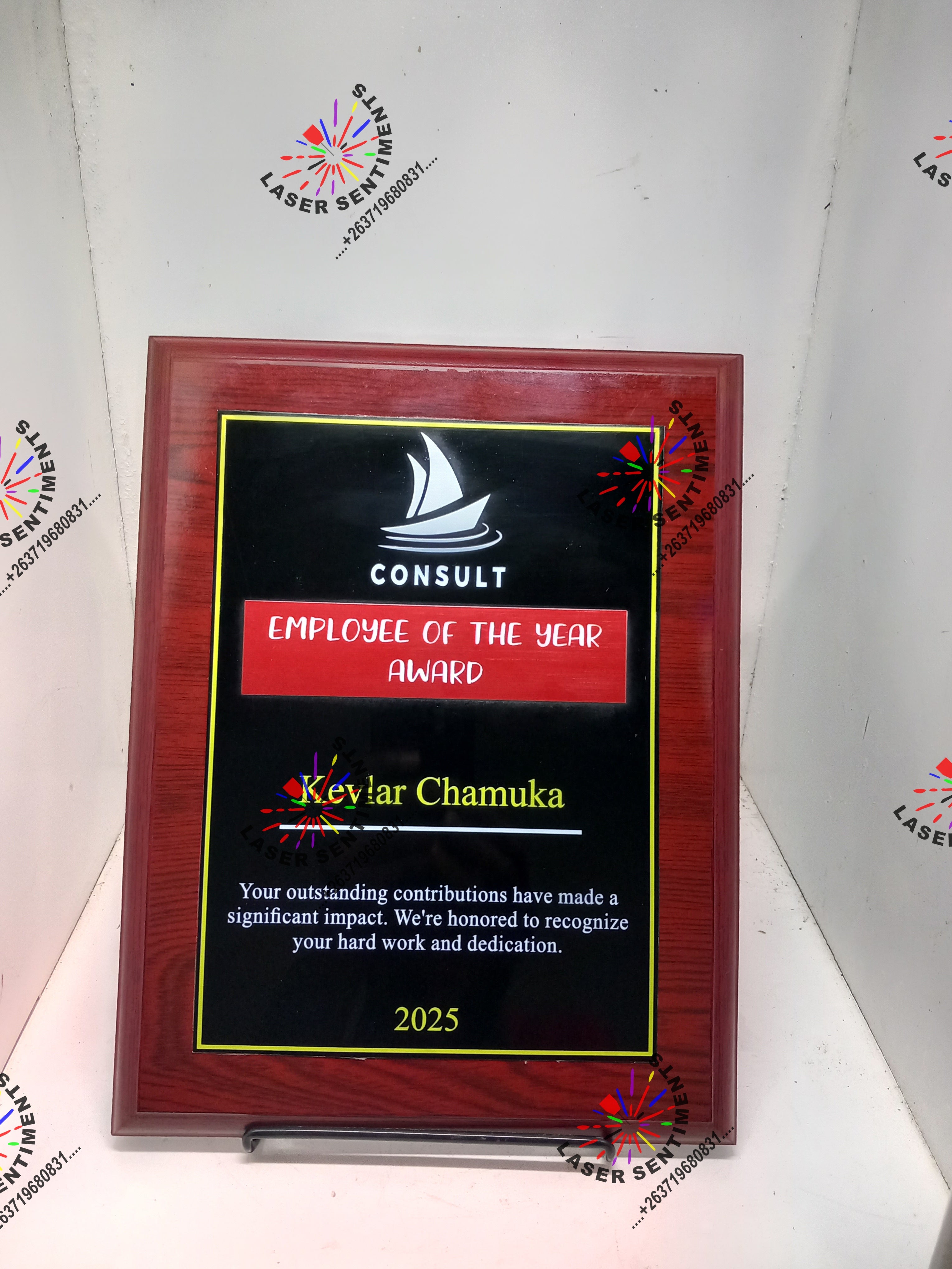 CWP2 MAHOGANY SHIELD WOOD METAL PLAQUE