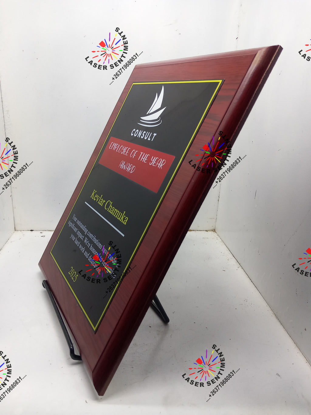 CWP2 MAHOGANY SHIELD WOOD METAL PLAQUE