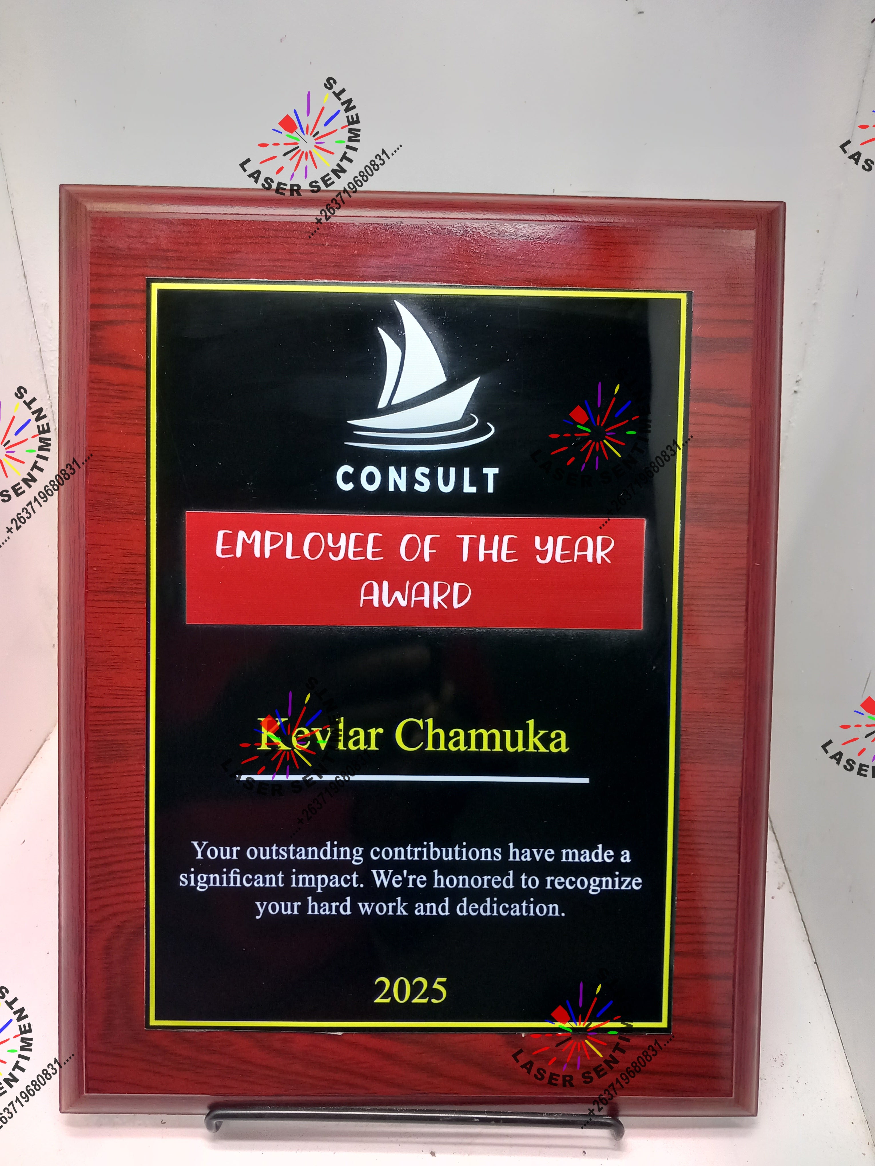 CWP2 MAHOGANY SHIELD WOOD METAL PLAQUE